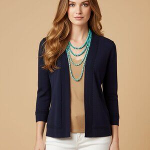 Nina Leonard M Cardigan Sweater Navy Blue Pointelle Lightweight Office Coastal